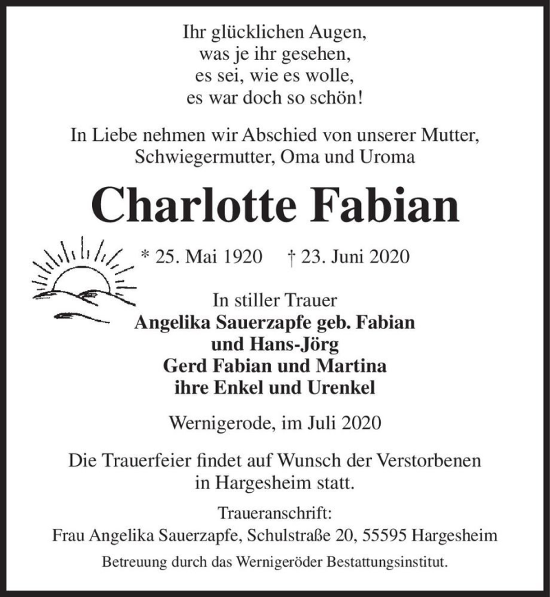  Traueranzeige für Charlotte Fabian  vom 03.07.2020 aus Magdeburger Volksstimme