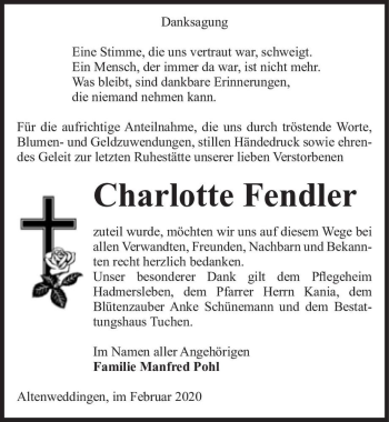 Traueranzeige von Charlotte Fendler  von Magdeburger Volksstimme