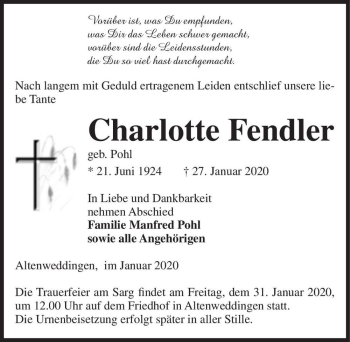 Traueranzeige von Charlotte Fendler (geb. Pohl)  von Magdeburger Volksstimme