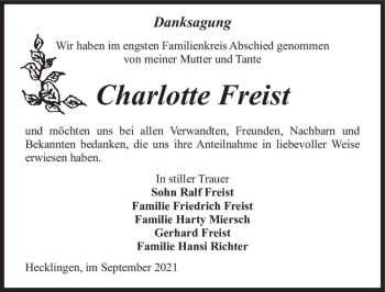 Traueranzeige von Charlotte Freist  von Magdeburger Volksstimme