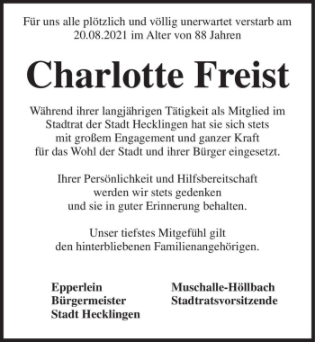 Traueranzeige von Charlotte Freist  von Magdeburger Volksstimme