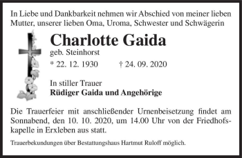 Traueranzeige von Charlotte Gaida (geb. Steinhorst)  von Magdeburger Volksstimme