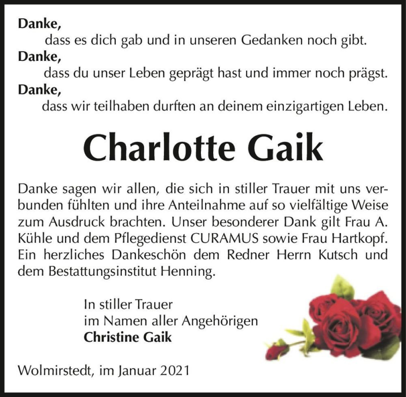  Traueranzeige für Charlotte Gaik  vom 23.01.2021 aus Magdeburger Volksstimme