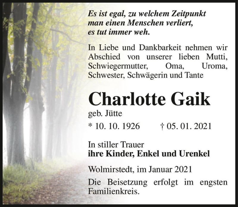  Traueranzeige für Charlotte Gaik (geb. Jütte)  vom 09.01.2021 aus Magdeburger Volksstimme