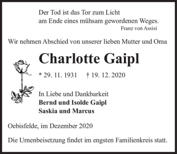 Traueranzeige von Charlotte Gaipl  von Magdeburger Volksstimme