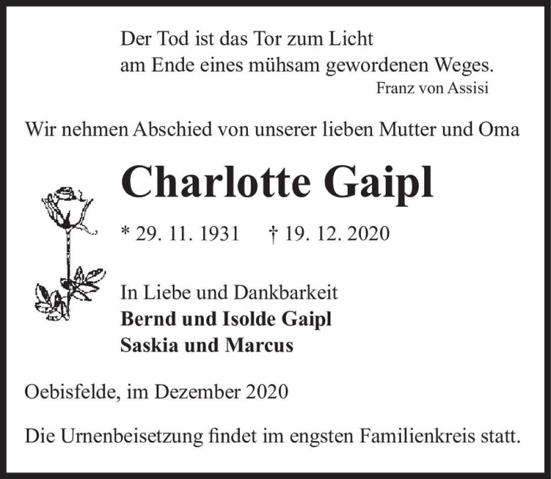  Traueranzeige für Charlotte Gaipl  vom 22.12.2020 aus Magdeburger Volksstimme
