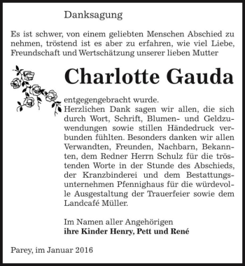 Traueranzeige von Charlotte Gauda  von Magdeburger Volksstimme