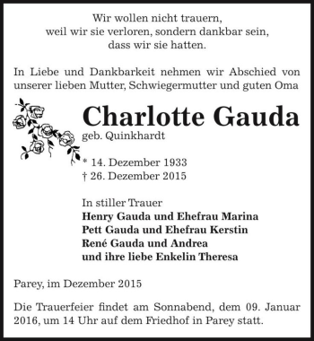 Traueranzeige von Charlotte Gauda (geb. Quinkhardt)  von Magdeburger Volksstimme