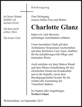 Traueranzeige von Charlotte Glanz  von Magdeburger Volksstimme