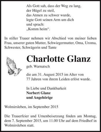 Traueranzeige von Charlotte Glanz (geb. Warnatsch)  von Magdeburger Volksstimme