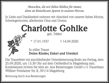 Traueranzeige von Charlotte Gohlke (geb. Träder)  von Magdeburger Volksstimme