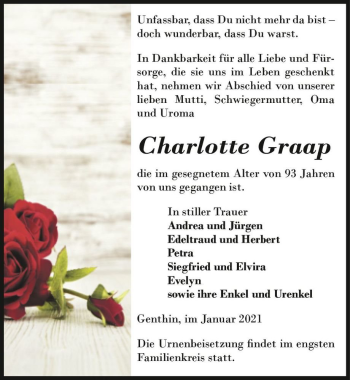 Traueranzeige von Charlotte Graap  von Magdeburger Volksstimme