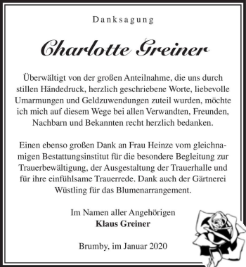 Traueranzeige von Charlotte Greiner  von Magdeburger Volksstimme