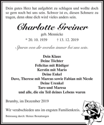 Traueranzeige von Charlotte Greiner (geb. Mennicke)  von Magdeburger Volksstimme