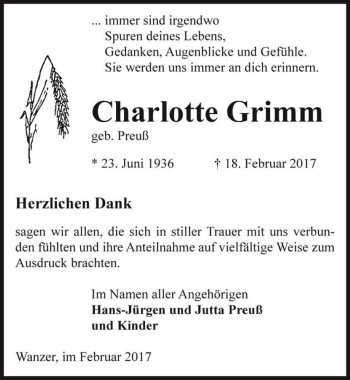 Traueranzeige von Charlotte Grimm (geb. Preuß)  von Magdeburger Volksstimme