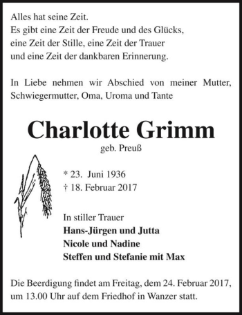 Traueranzeige von Charlotte Grimm (geb. Preuß)  von Magdeburger Volksstimme