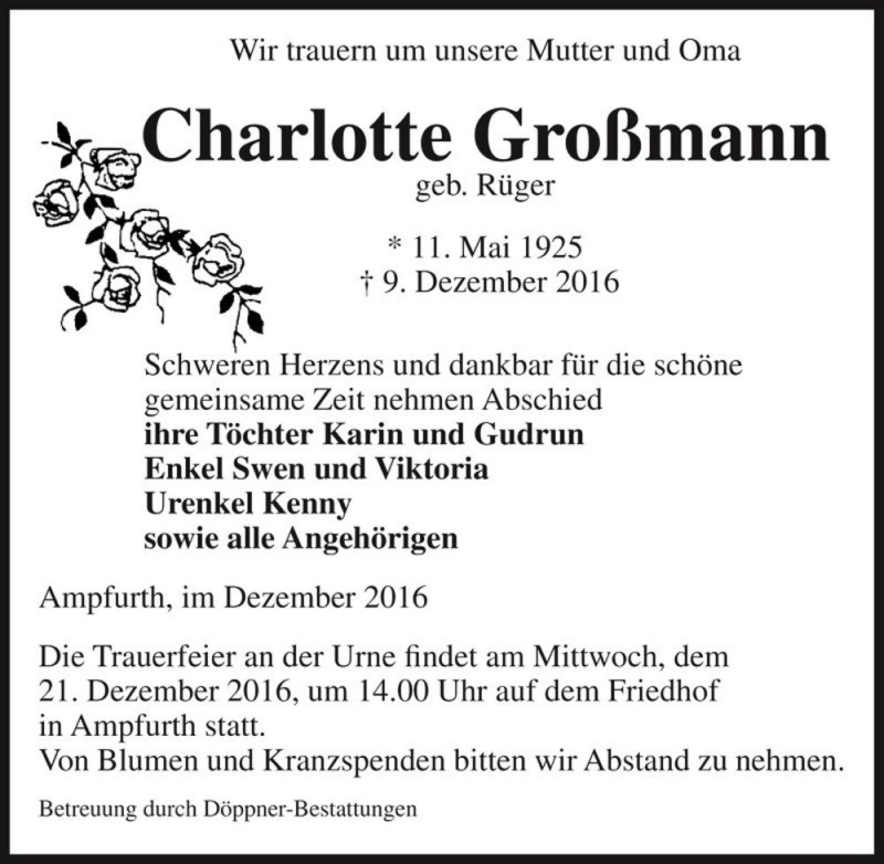  Traueranzeige für Charlotte Großmann (geb. Rüger)  vom 14.12.2016 aus Magdeburger Volksstimme