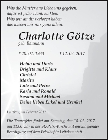 Traueranzeige von Charlotte Götze (geb. Baumann)  von Magdeburger Volksstimme