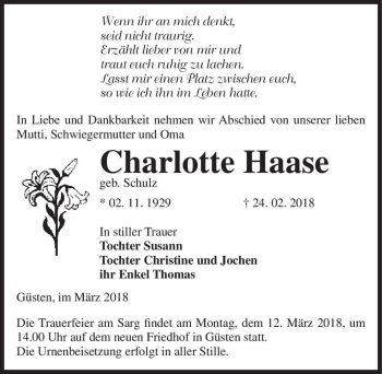 Traueranzeige von Charlotte Haase (geb. Schulz)  von Magdeburger Volksstimme
