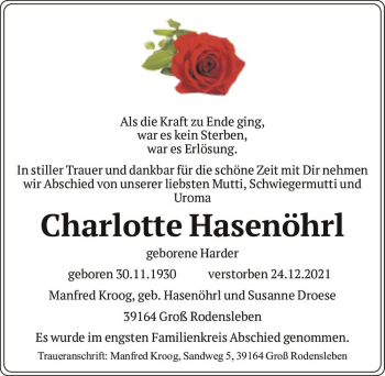 Traueranzeige von Charlotte Hasenöhrl (geb. Harder)  von Magdeburger Volksstimme