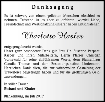 Traueranzeige von Charlotte Hasler  von Magdeburger Volksstimme