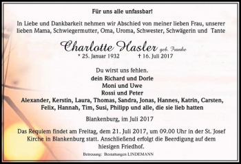 Traueranzeige von Charlotte Hasler (geb. Franke)  von Magdeburger Volksstimme