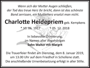 Traueranzeige von Charlotte Heidepriem (geb. Kempkens)  von Magdeburger Volksstimme