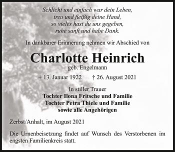 Traueranzeige von Charlotte Heinrich (geb. Engelmann)  von Magdeburger Volksstimme