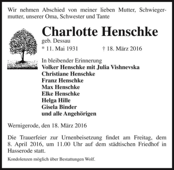 Traueranzeige von Charlotte Henschke (geb. Dessau)  von Magdeburger Volksstimme