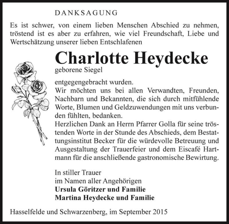 Traueranzeige für Charlotte Heydecke (geb. Siegel)  vom 04.09.2015 aus Magdeburger Volksstimme