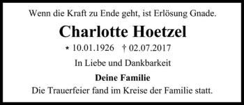 Traueranzeige von Charlotte Hoetzel  von Magdeburger Volksstimme