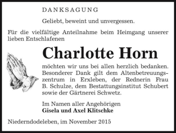 Traueranzeige von Charlotte Horn  von Magdeburger Volksstimme