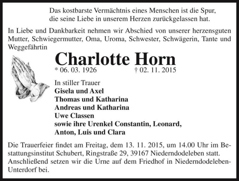  Traueranzeige für Charlotte Horn  vom 07.11.2015 aus Magdeburger Volksstimme