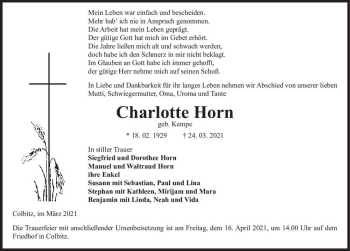 Traueranzeige von Charlotte Horn (geb. Kempe)  von Magdeburger Volksstimme