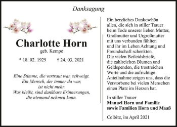 Traueranzeige von Charlotte Horn (geb. Kempe)  von Magdeburger Volksstimme