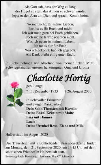 Traueranzeige von Charlotte Hortig (geb. Lange)  von Magdeburger Volksstimme