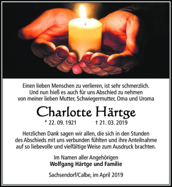 Traueranzeige von Charlotte Härtge  von Magdeburger Volksstimme