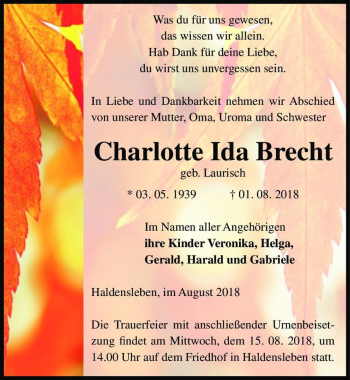 Traueranzeige von Charlotte Ida Brecht (geb. Laurisch)  von Magdeburger Volksstimme