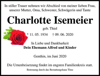 Traueranzeige von Charlotte Isemeier (geb. Thiel)  von Magdeburger Volksstimme