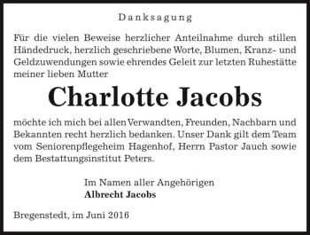 Traueranzeige von Charlotte Jacobs  von Magdeburger Volksstimme