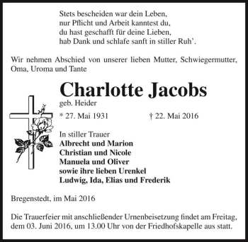 Traueranzeige von Charlotte Jacobs (geb. Heider)  von Magdeburger Volksstimme