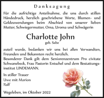 Traueranzeige von Charlotte John (geb. Sabe)  von Magdeburger Volksstimme