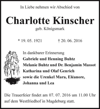 Traueranzeige von Charlotte Kinscher (geb. Königsmark)  von Magdeburger Volksstimme