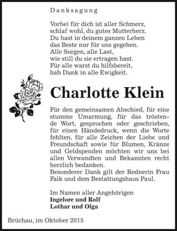 Traueranzeige von Charlotte Klein  von Magdeburger Volksstimme