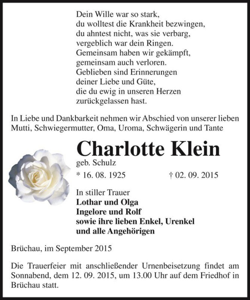  Traueranzeige für Charlotte Klein (geb. Schulz)  vom 04.09.2015 aus Magdeburger Volksstimme