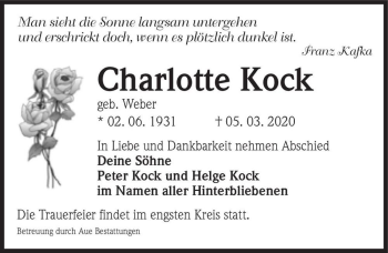 Traueranzeige von Charlotte Kock (geb. Weber)  von Magdeburger Volksstimme