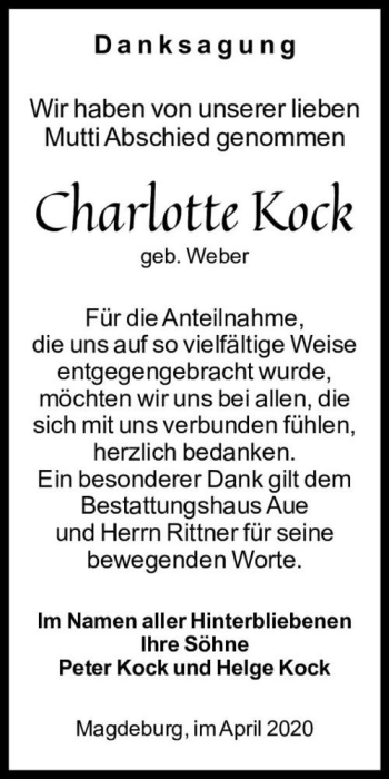 Traueranzeige von Charlotte Kock (geb. Weber)  von Magdeburger Volksstimme