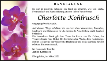 Traueranzeige von Charlotte Kohlrusch  von Magdeburger Volksstimme