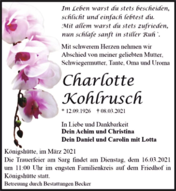 Traueranzeige von Charlotte Kohlrusch  von Magdeburger Volksstimme