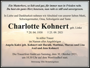 Traueranzeige von Charlotte Kohnert (geb. Linke)  von Magdeburger Volksstimme